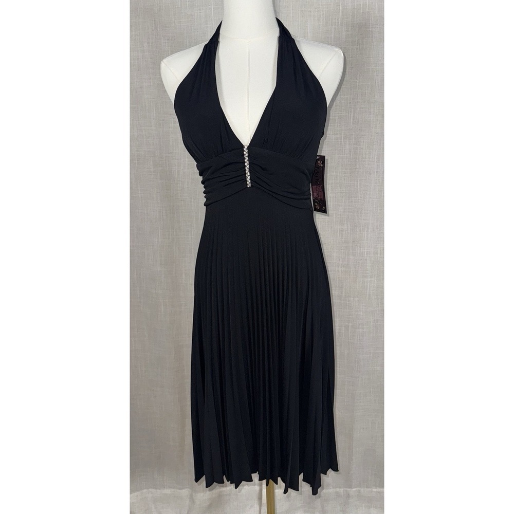 NWT My Michelle USA M Black Halter Plunge Jeweled Dress Y2K Cocktail Pleated